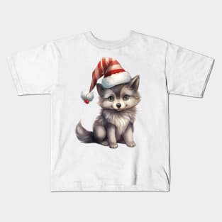 Gray Wolf in Santa Hat Kids T-Shirt